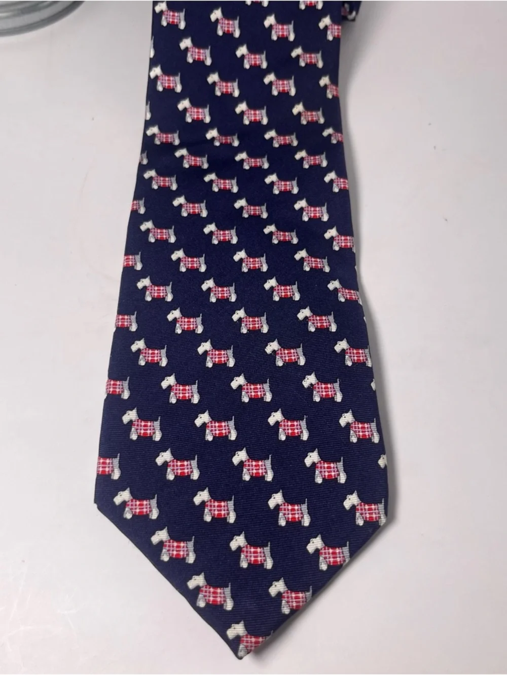 J. Crew Men’s Silk Tie Navy Blue with Red Plaid White Scottie Dog Pattern Preppy